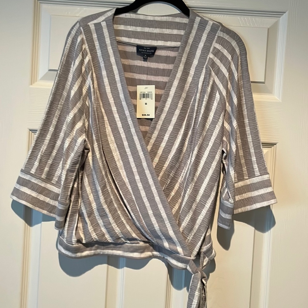 Lucky Brand crossover/wrap top gray and white stripe with side tie NWT